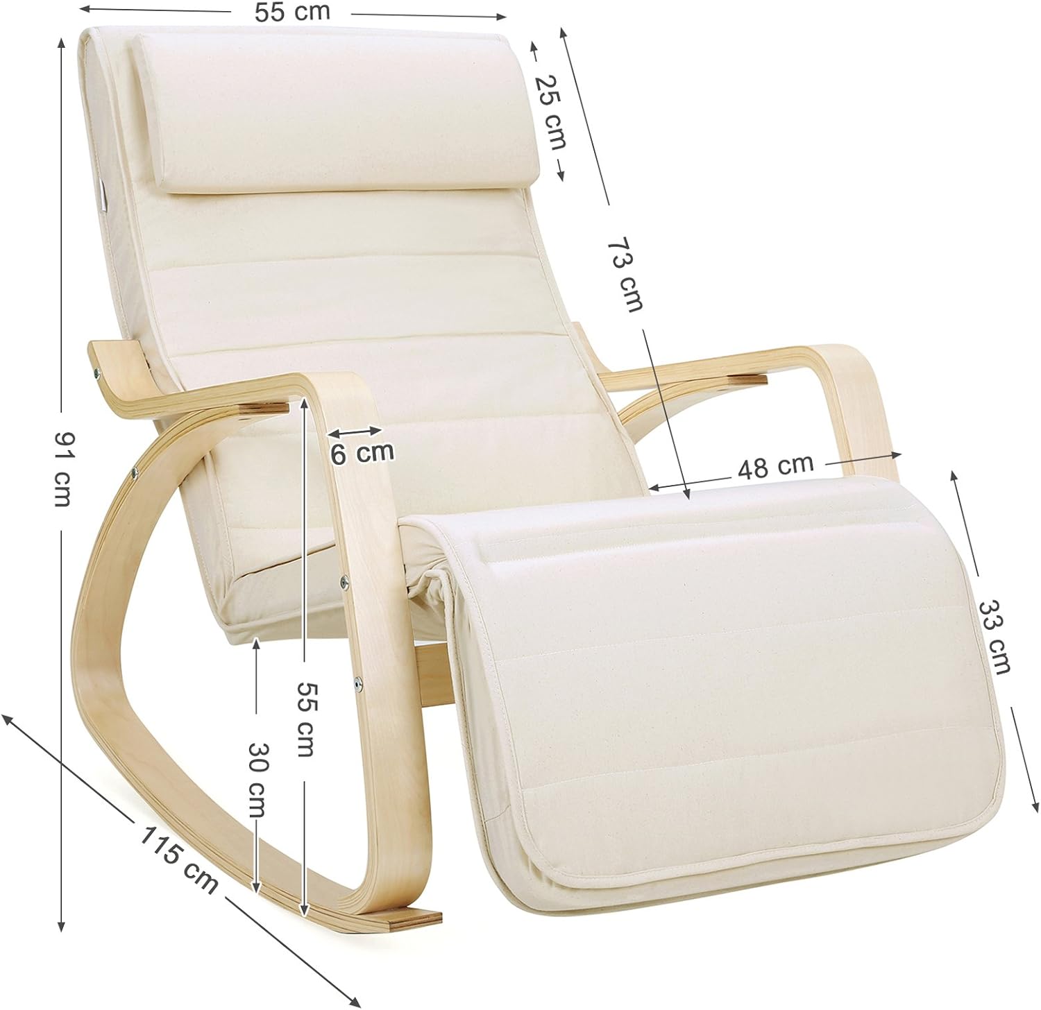 Fotel bujany z podłokietnikami z drewna brzozowego i 5-stopniowo regulowanym podnóżkiem.