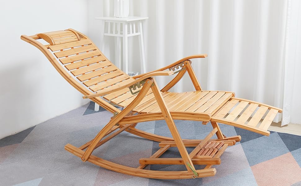 Składany fotel bujany do ogrodu i na balkon – 5-stopniowy, regulowany, bambusowy